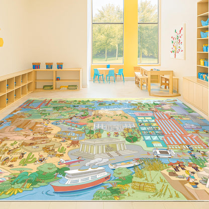 Washable Kids Play Rug with Colorful Map Design
