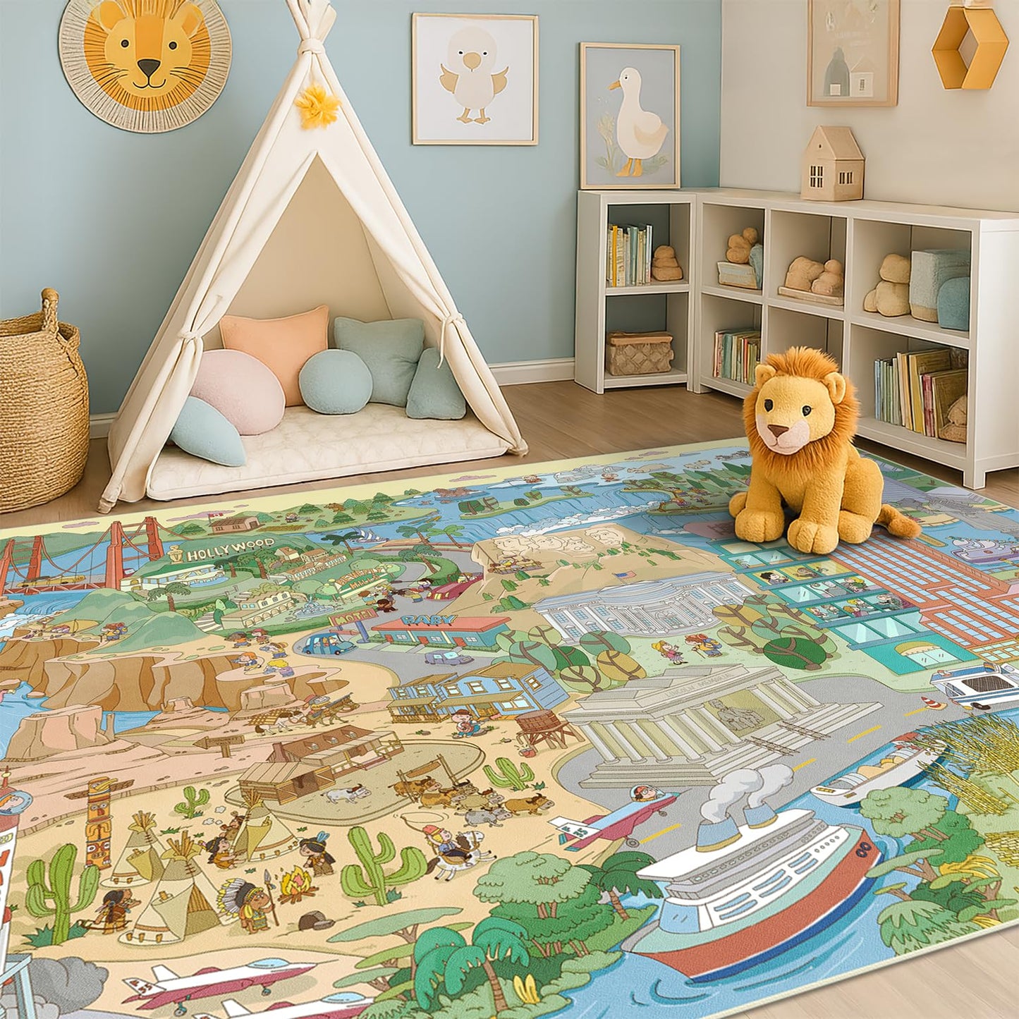Washable Kids Play Rug with Colorful Map Design