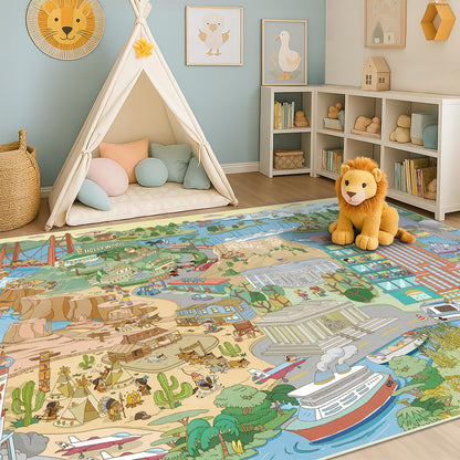 Washable Kids Play Rug with Colorful Map Design