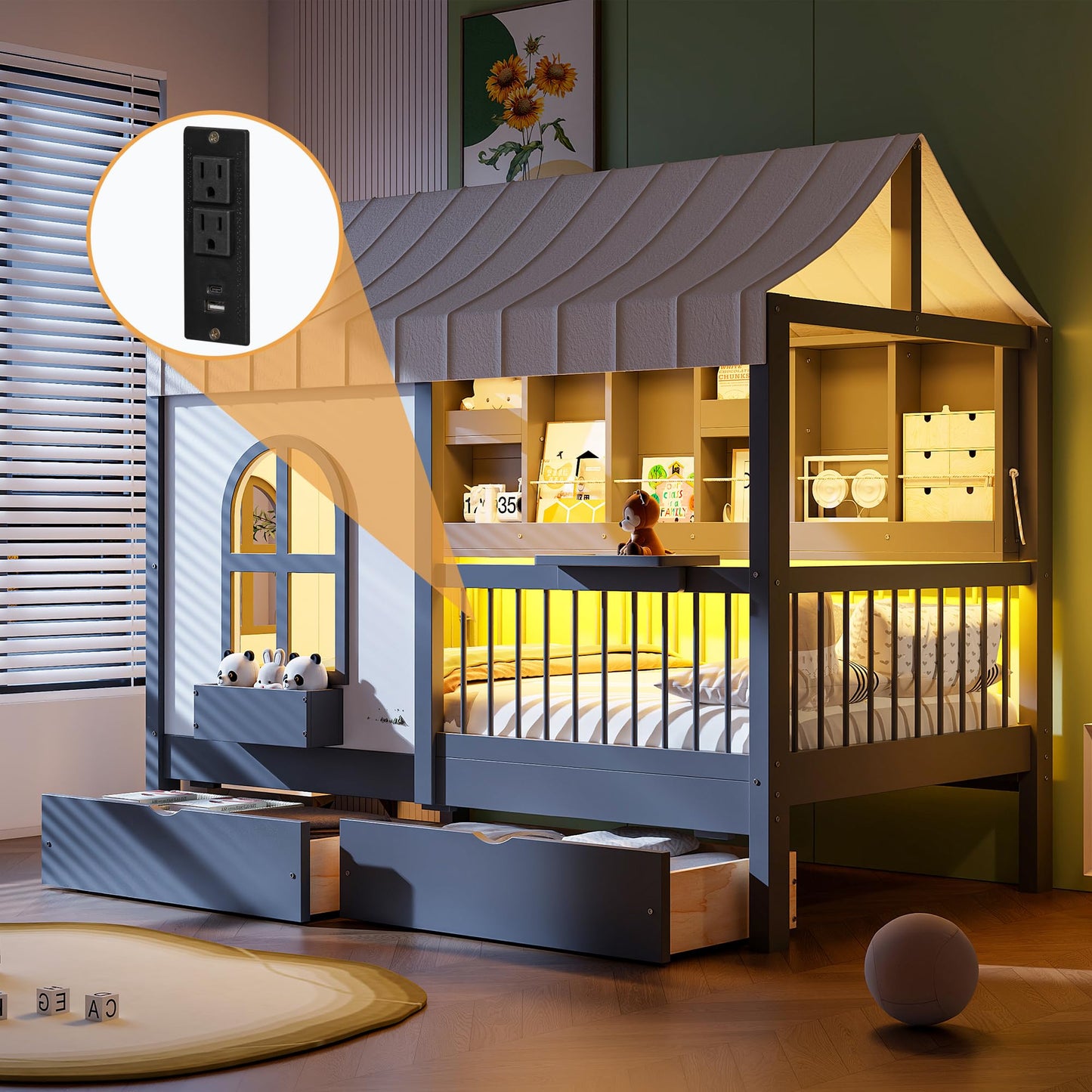 House Bed with Drawers and Bookshelf Storage