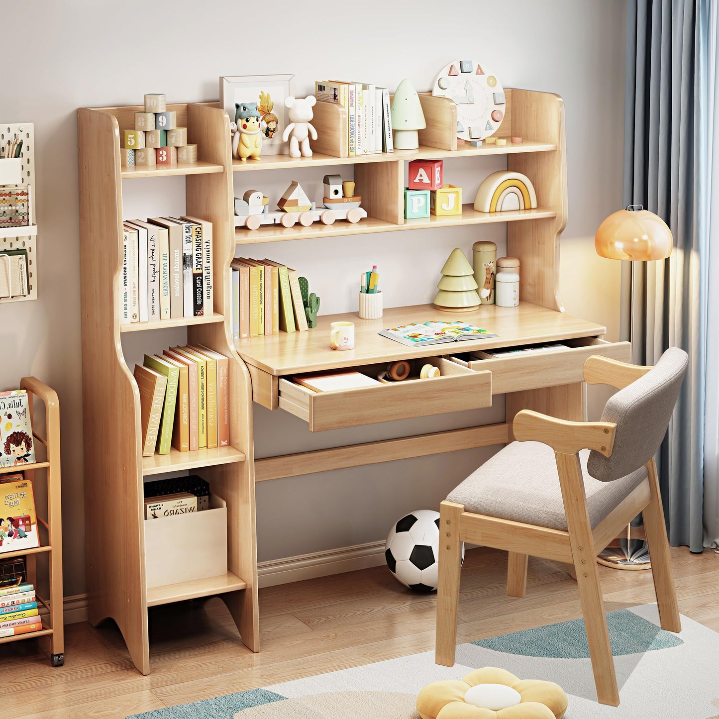 Kids Study Desk and Chair Set with Bookshelf