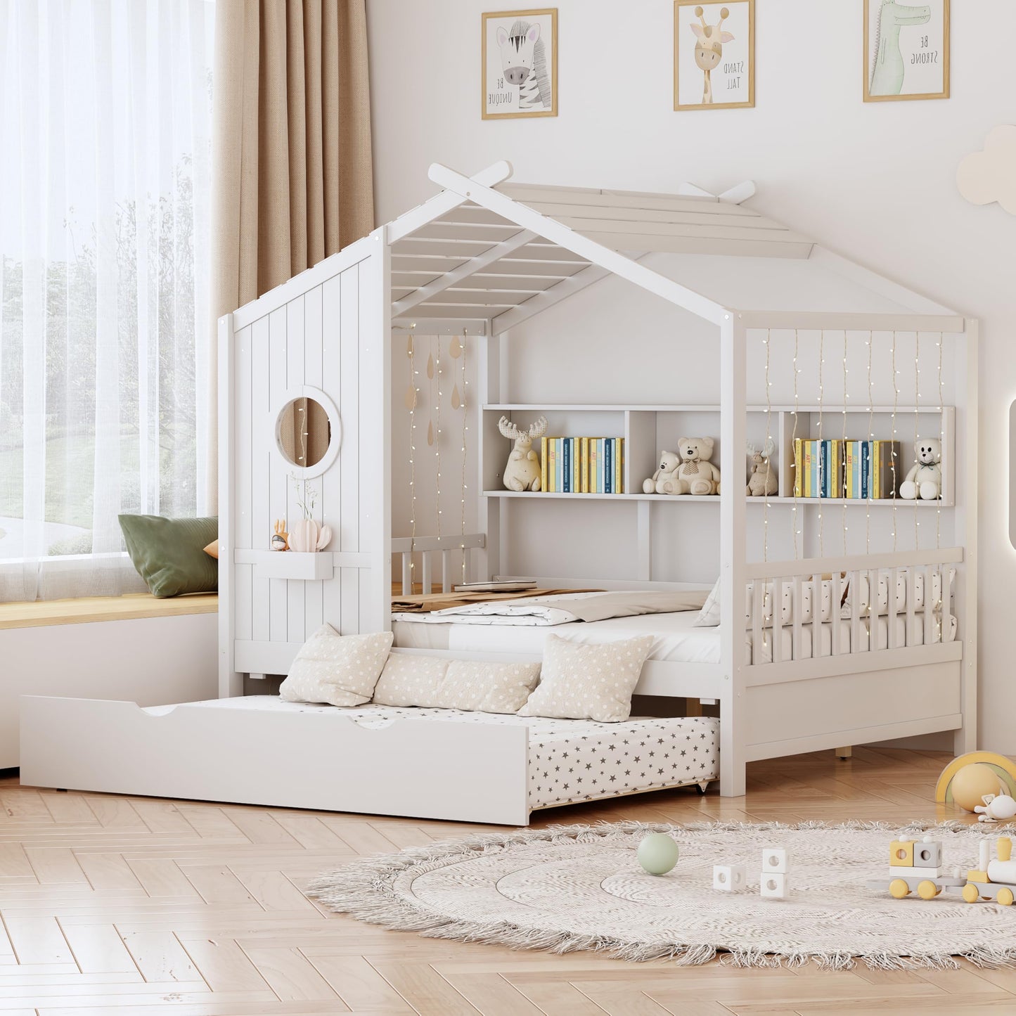 Kids House Bed Frame with Storage Shelves