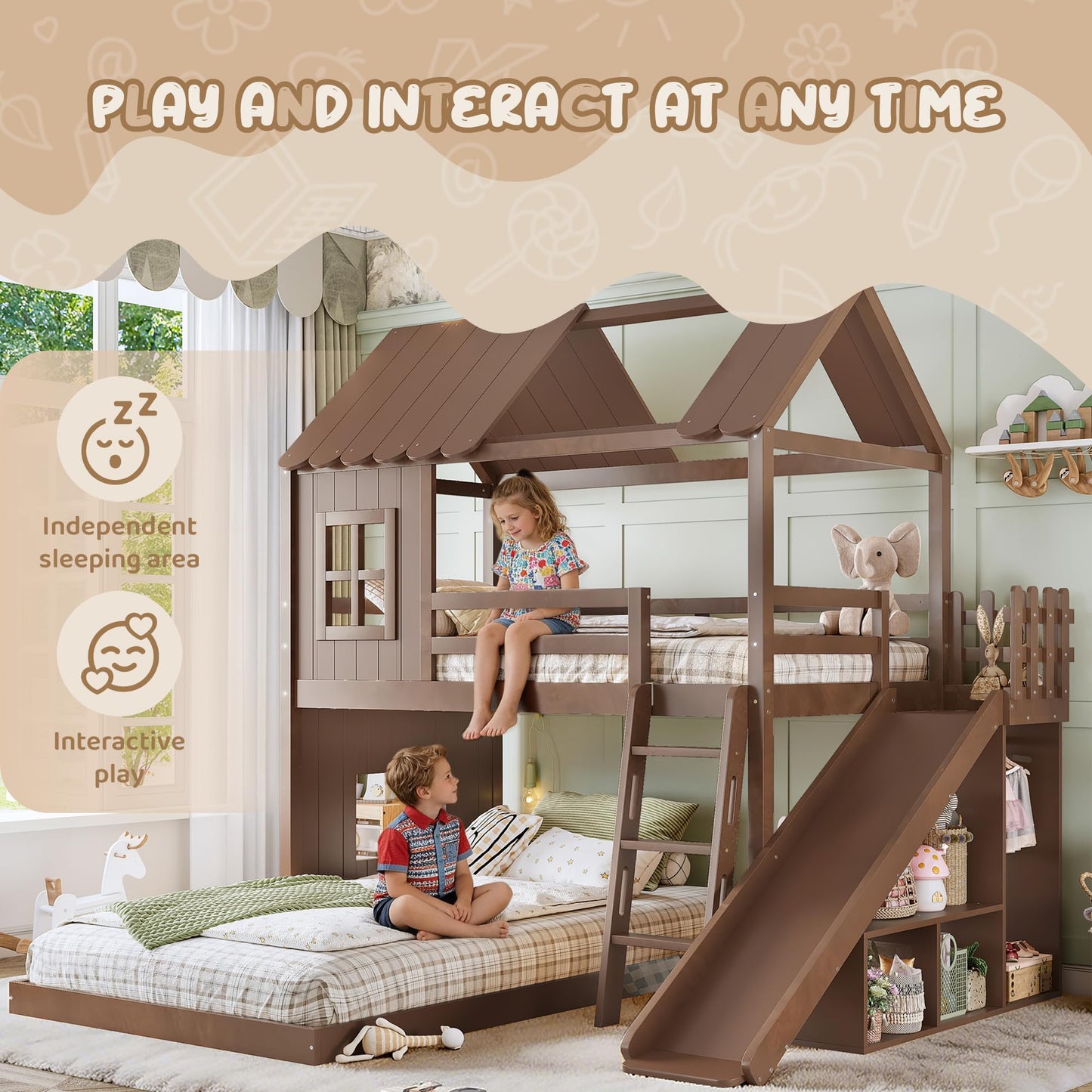 House Bunk Bed with Storage Shelves and Slide