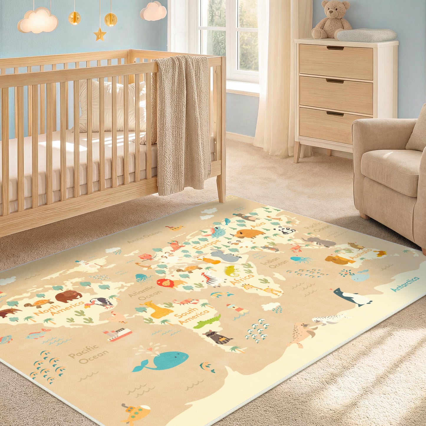 Washable Kids Play Rug with Colorful Map Design