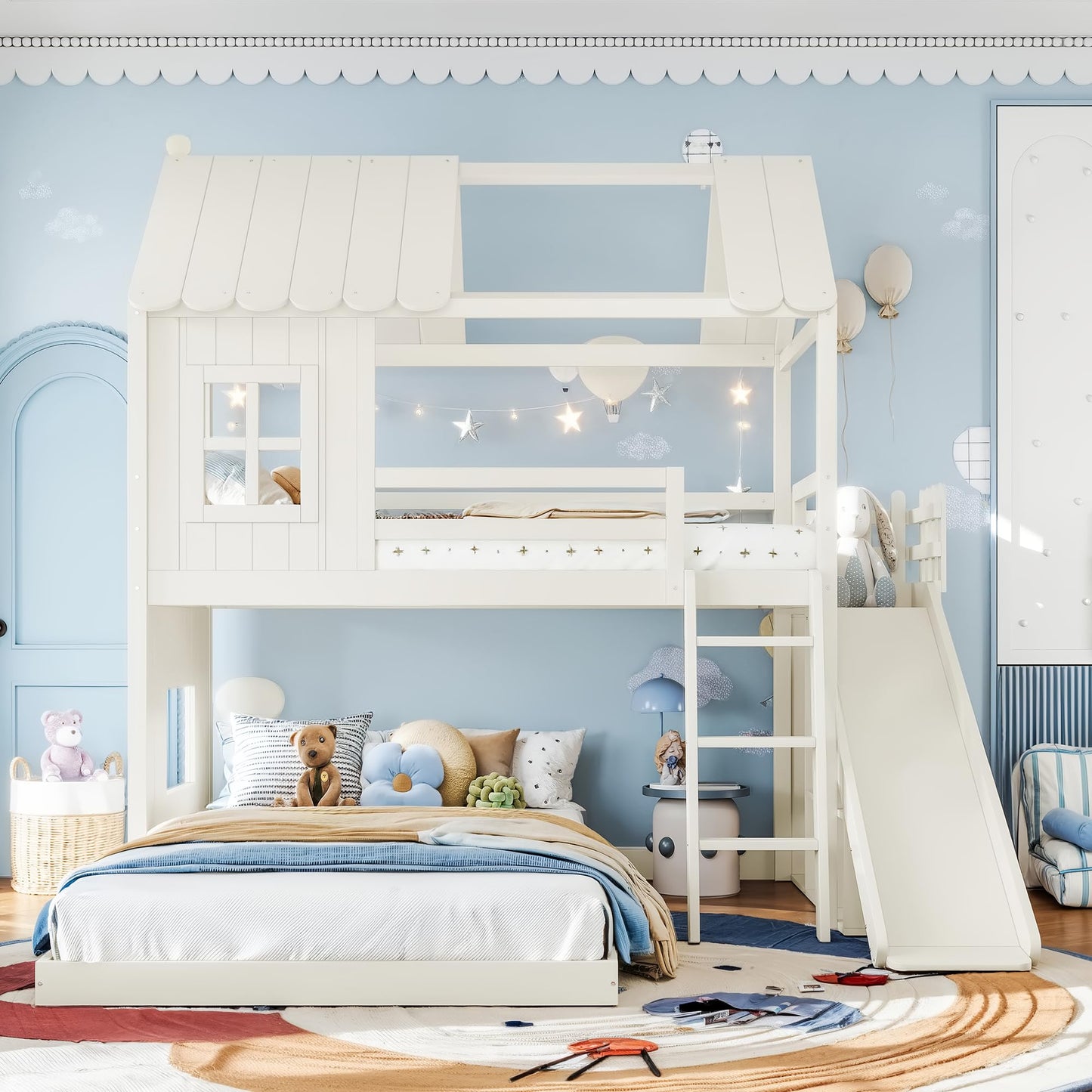 House Bunk Bed with Storage Shelves and Slide
