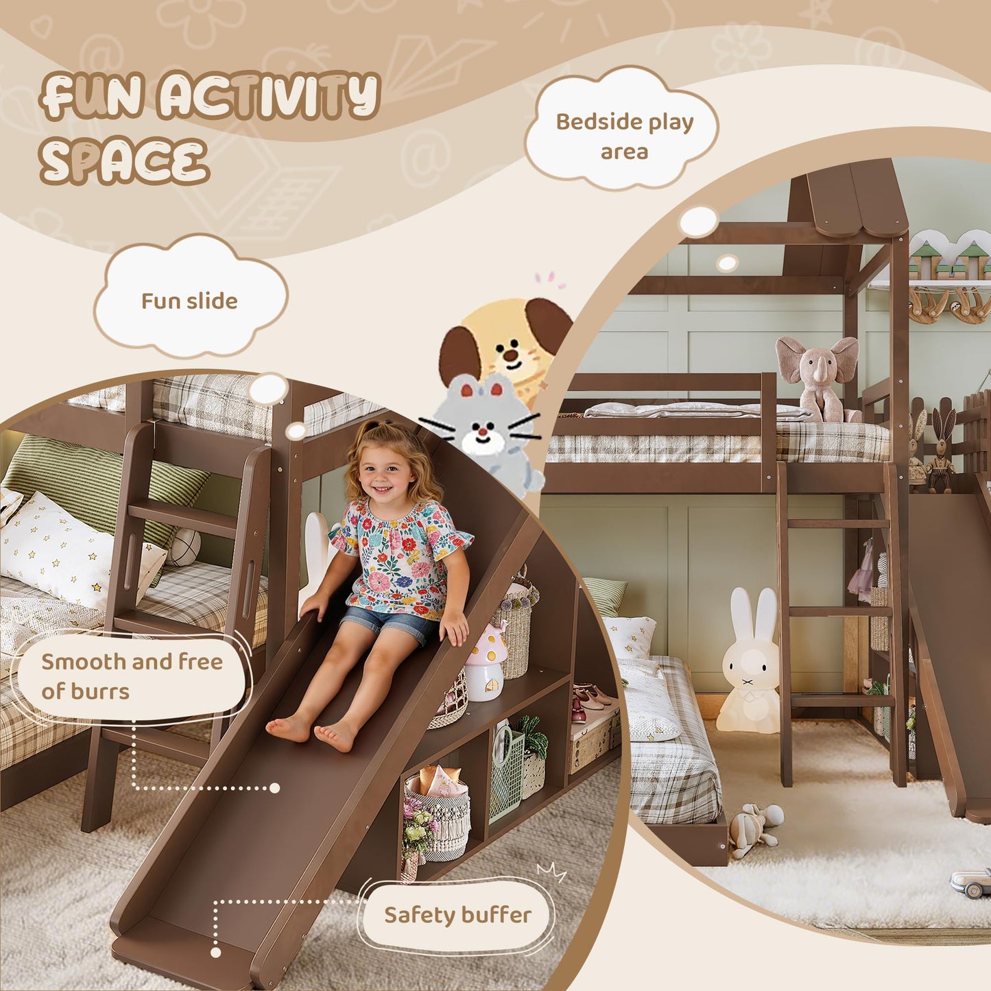 House Bunk Bed with Storage Shelves and Slide