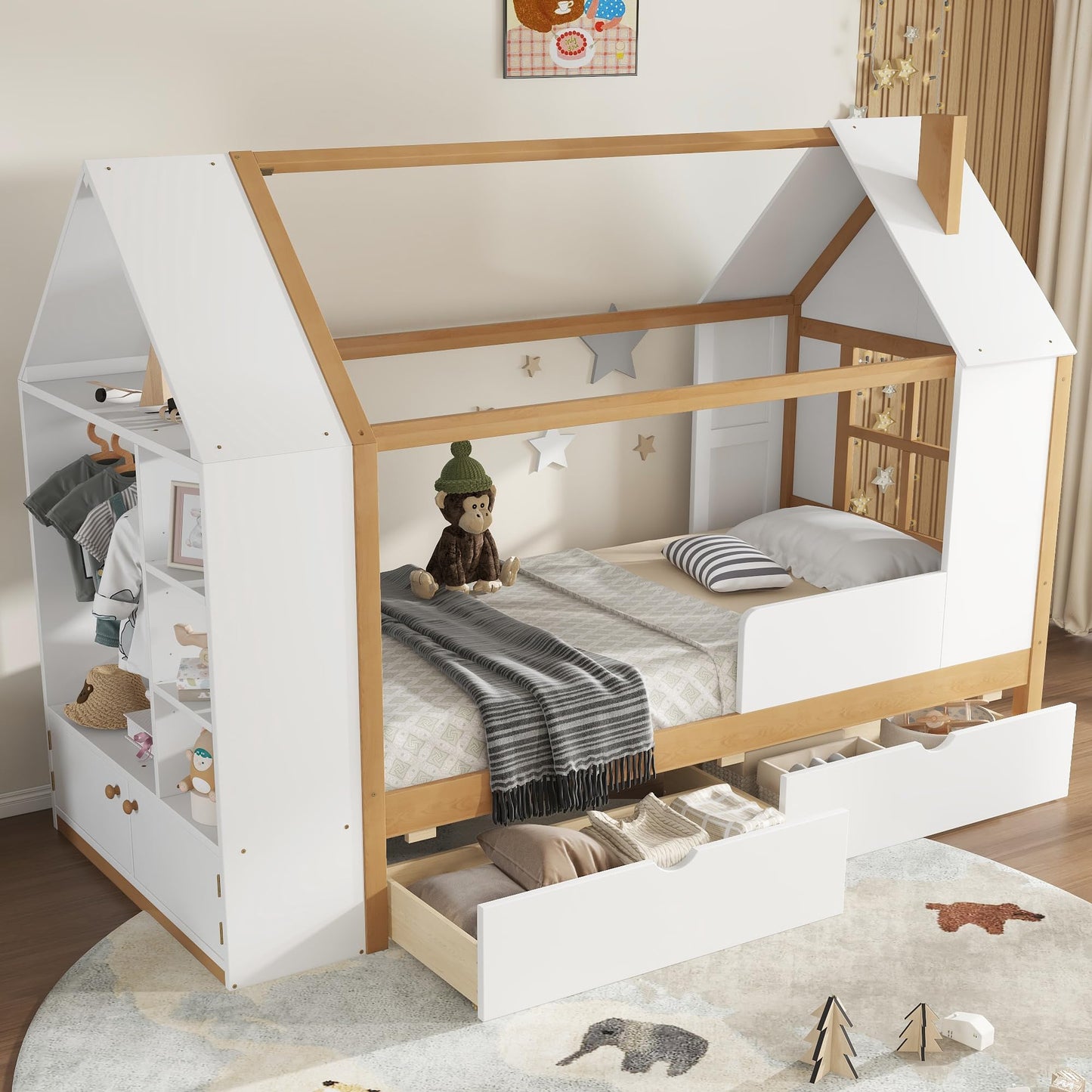 Kids House Bed Frame with Storage Shelves