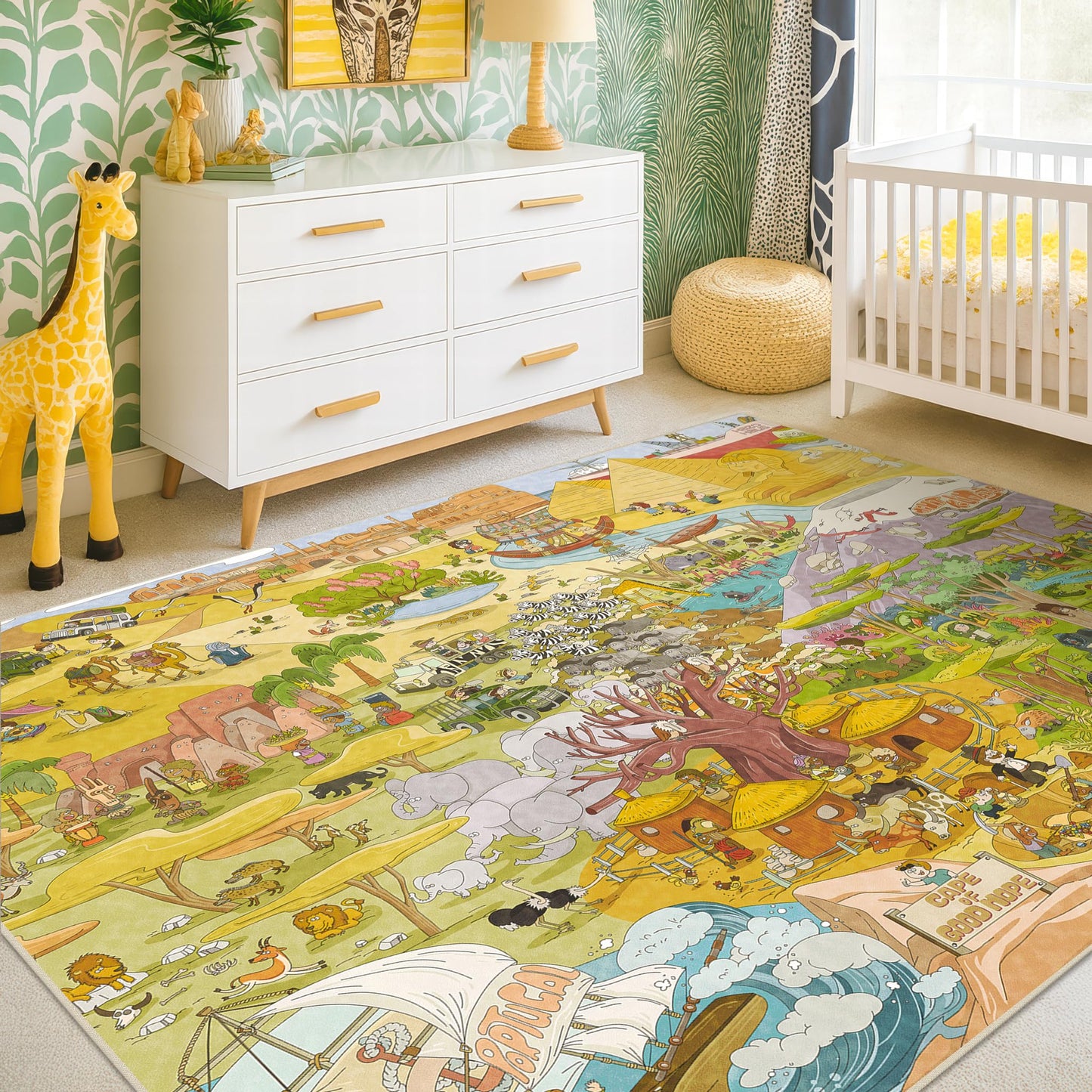 Washable Kids Play Rug with Colorful Map Design