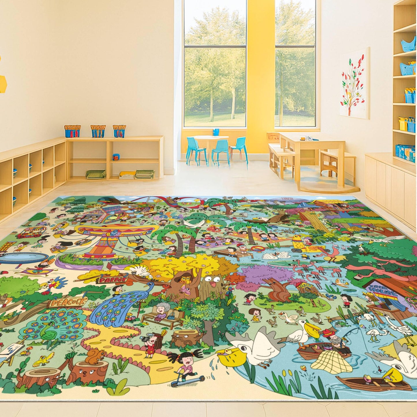 Washable Kids Play Rug with Colorful Map Design