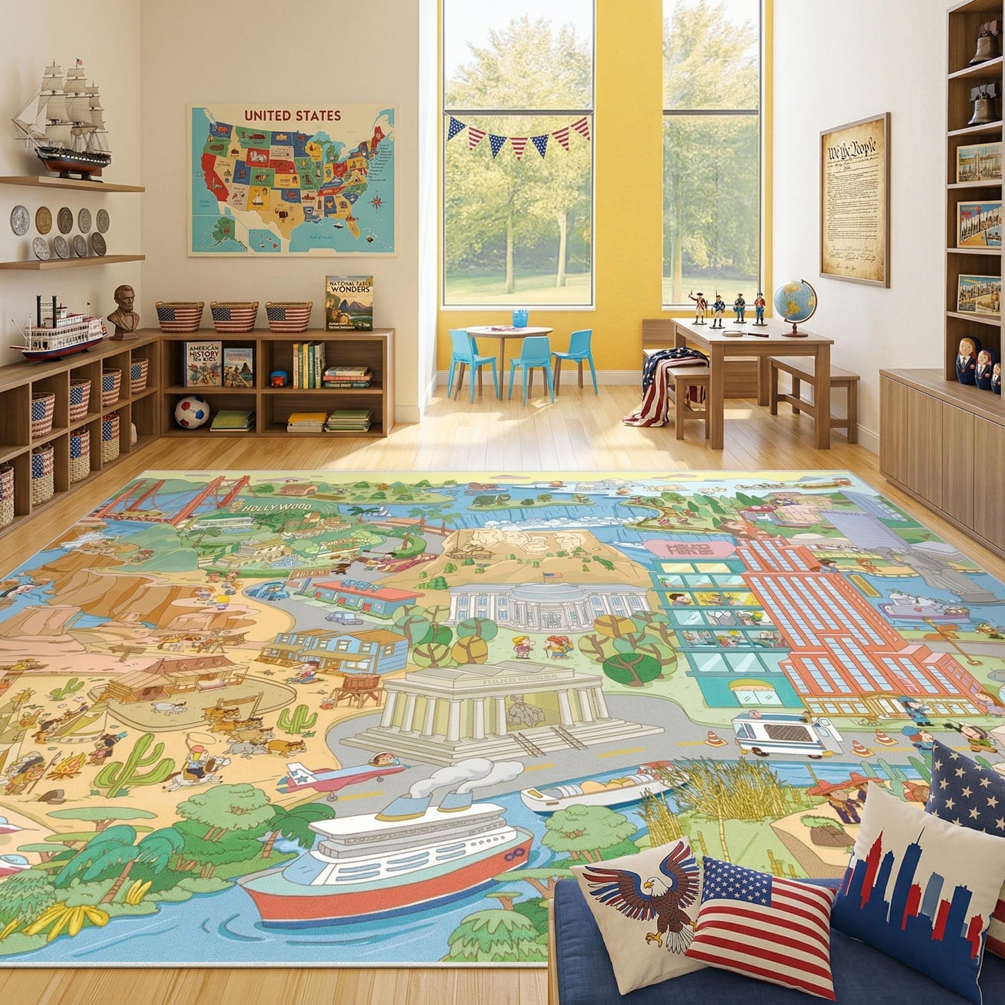 Washable Kids Play Rug with Colorful Map Design