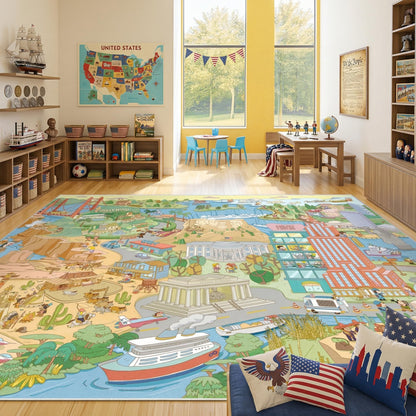 Washable Kids Play Rug with Colorful Map Design